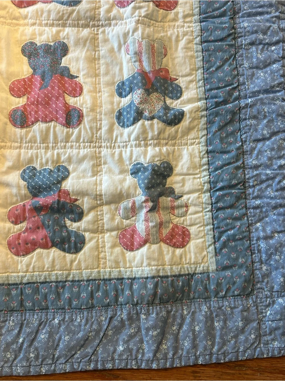 Vintage Cotton Teddy Bear Crib Comforter Baby Blanket Quilt Unisex